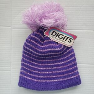 Aquarius Kids Purple Striped Beanie with Pom Pom Sz 7-14 Casual School Colorful